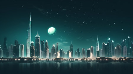 dubai city moon night illustration with all the building city panorama cityscape, horizon buildingsの素材