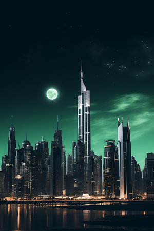 dubai city moon night illustration with all the building city panorama cityscape, horizon buildingsの素材