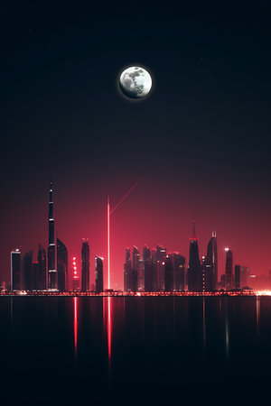 dubai city moon night illustration with all the building city panorama cityscape, horizon buildingsの素材