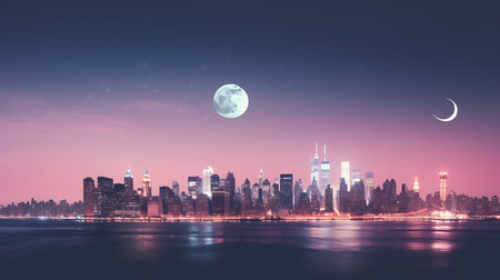 new york city moon night illustration cityscpaeの素材