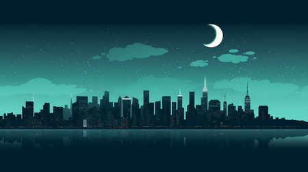 new york city moon night illustration cityscpaeの素材