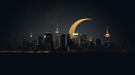 new york city moon night illustration cityscpaeの素材