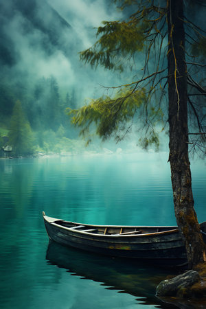 Old wooden boat on the lakeの素材