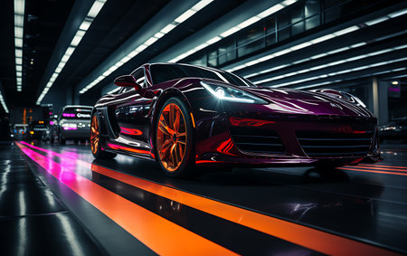 Colorful supercar on neon highway backgroundの素材
