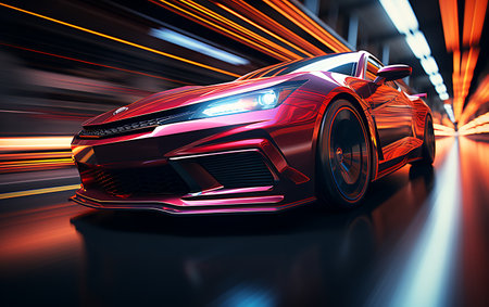 Close up sport car Colorful supercar on neon highway backgroundの素材