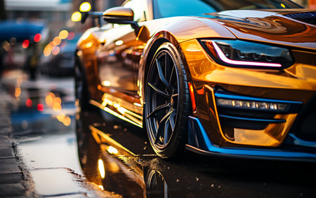 Close up sport car Colorful supercar on neon highway backgroundの素材