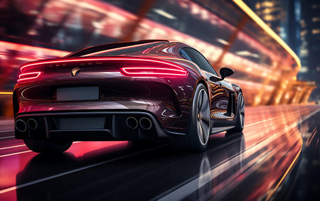 Colorful supercar on neon highway backgroundの素材