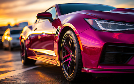 Close up sport car Colorful supercar on neon highway backgroundの素材
