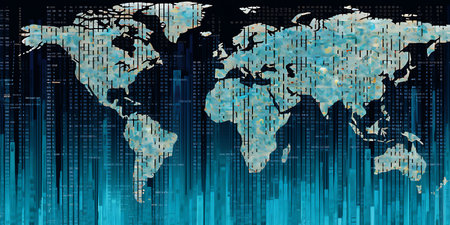 World map on a dark blue background with binary code. Drawingの素材