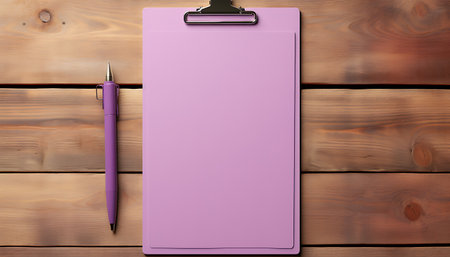 Clipboard with blank paper sheet on wooden background. 3d illustrationの素材