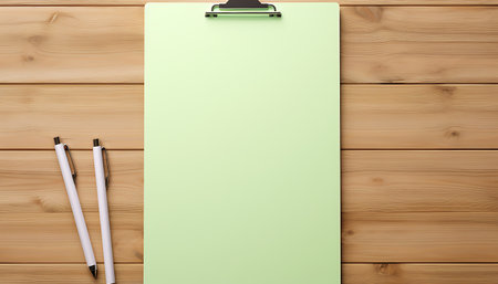 Blank clipboard with blank paper sheet on wooden background. Mock up, 3D renderingの素材