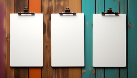 Blank clipboard with blank paper sheet on wooden background. Mock up, 3D renderingの素材