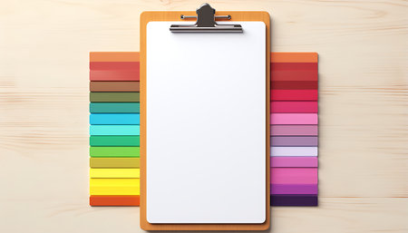 Blank clipboard with pen on wooden background. 3d illustration.の素材