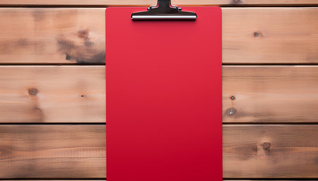 Blank clipboard with pen on wooden background. 3d illustration.の素材