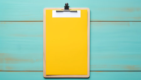 Blank clipboard with pen on wooden background. 3d illustration.の素材