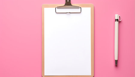 Blank clipboard with pen on wooden background. 3d illustration.の素材