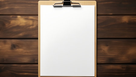 Clipboard with blank sheet of paper on brown wooden background.の素材