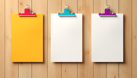 Blank clipboard with pen on wooden background. 3d illustration.の素材