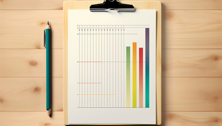 Blank clipboard with pen on wooden background. 3d illustration.の素材