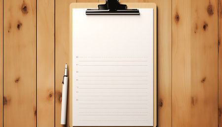 Blank clipboard with pen on wooden background. 3d illustration.の素材