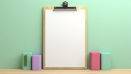 Clipboard with blank paper on wooden wall. 3d renderの素材