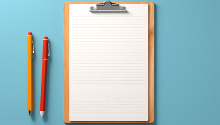 Clipboard with blank paper on wooden wall. 3d renderの素材