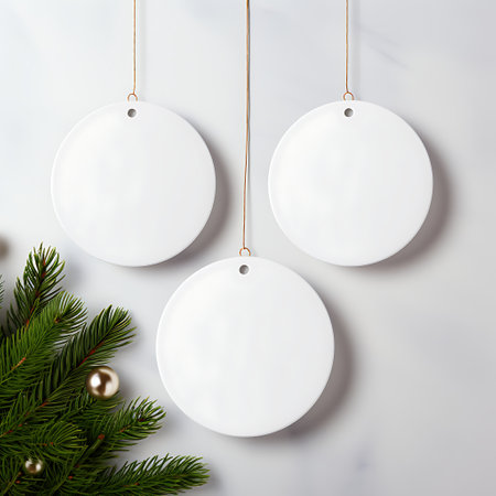 Empty Blank Round Christmas Ornament Mockup, Ceramic white circle family gift.の素材