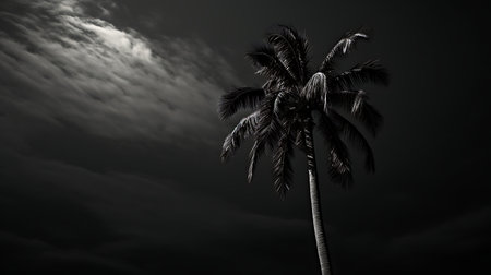 Coconut tree in black and white with dramatic sky background.の素材