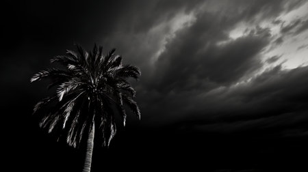 Coconut tree in black and white with dramatic sky background.の素材