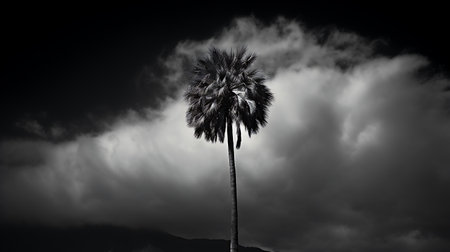 Coconut tree in black and white with dramatic sky background.の素材