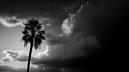 Coconut tree in black and white with dramatic sky background.の素材