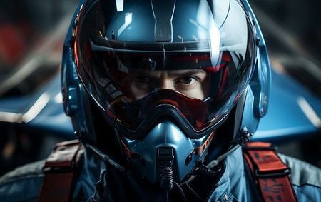 Close-up portrait of a man in the helmet of the racer.の素材