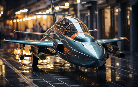 Vintage airplane in the city at night. Retro toned imageの素材