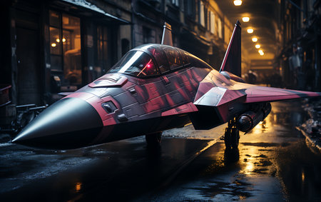 Fighter jet in the city at night. 3d rendering.の素材