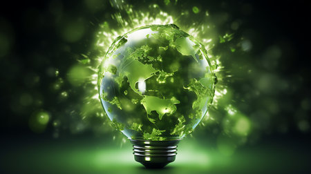 Glowing glass light bulb on abstract green background. 3D renderingの素材