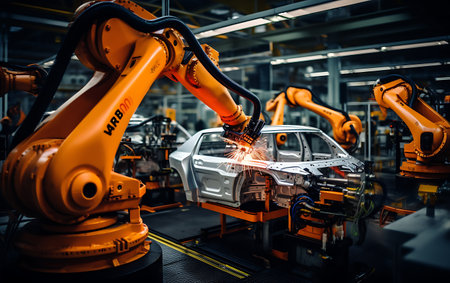 Smart industry robot arm system for digital factory production. Automation manufacturing robot controlled by industry engineering using IOT software connected to internet network.の素材