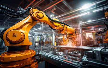 Smart industry robot arms for digital factory production line. Concept of artificial intelligence for industrial revolution and automation manufacturing process.の素材