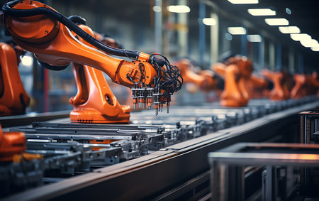 Industrial robot welding automotive part in factory. Smart industry 4.0 concept.の素材