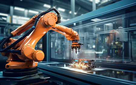 Industrial robot welding automotive part in factory. Smart industry 4.0 concept.の素材
