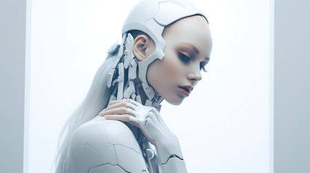 3d rendering of female cyborg head with circuit board on dark backgroundの素材