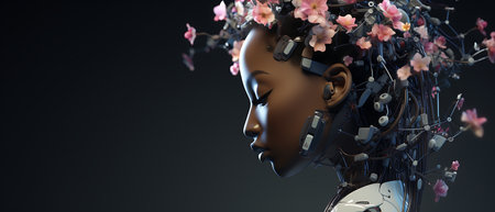 Cyborg woman with white skin. 3d rendering toned image double exposureの素材