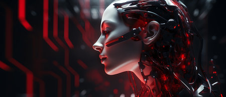 Cyborg woman with white skin. 3d rendering toned image double exposureの素材