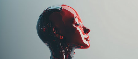 3d rendering of female cyborg head with circuit board on dark backgroundの素材