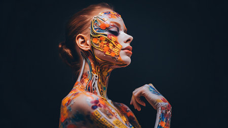 3d rendering of female cyborg head with circuit board on dark backgroundの素材