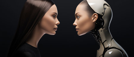 3d rendering of female cyborg head with circuit board on dark backgroundの素材