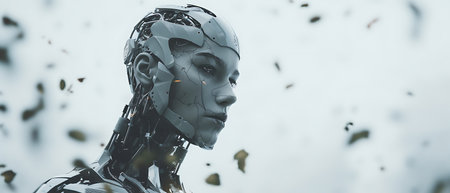 3d rendering of female cyborg head with circuit board on dark backgroundの素材