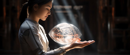 3D rendering of a female robot head with human head in digital backgroundの素材