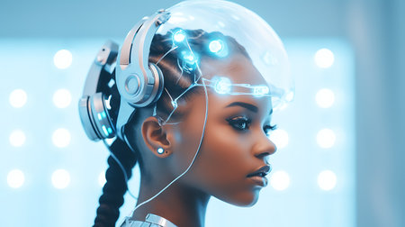3d rendering of female cyborg head with circuit board on dark backgroundの素材