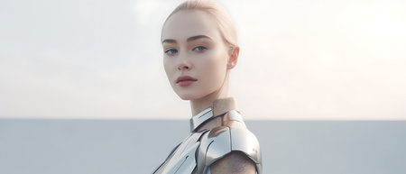 3D rendering of a female robot head with human head in digital backgroundの素材