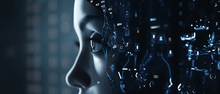 3d rendering of female cyborg head with circuit board on dark backgroundの素材